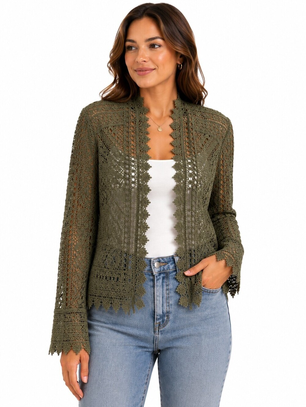 BCBGMAXAZRIA Olive Green Crochet Lace Open Front Jacket Cardigan Boho - Size S